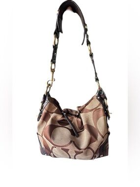 A Coach tan and brown signature 'C' monogram shoulder bag. Please Look all Pics